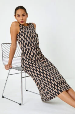 Black Abstract Print Drawcord Stretch Midi Dress