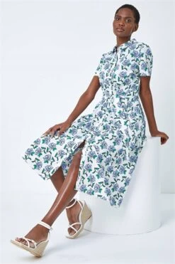 Blue Floral Print Shirred Waist Maxi Dress -Outlet Modi Qube Store d7de077a cbab 4bc8 a9ee 3306c3d70745