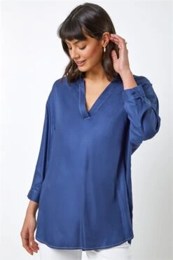 Navy Plain Oversized Cotton Blend Shirt