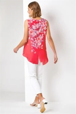 Pink Abstract Puff Print Notch Neck Top