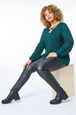 Black Curve Floral Mesh Sleeve Top