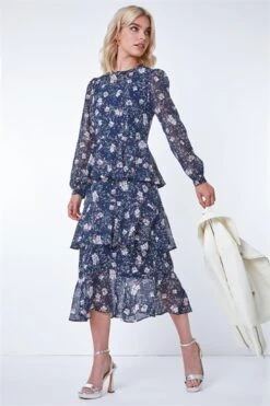Navy Floral Print Frill Detail Midi Dress