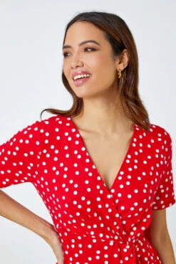 Red Spot Print Side Twist Wrap Top