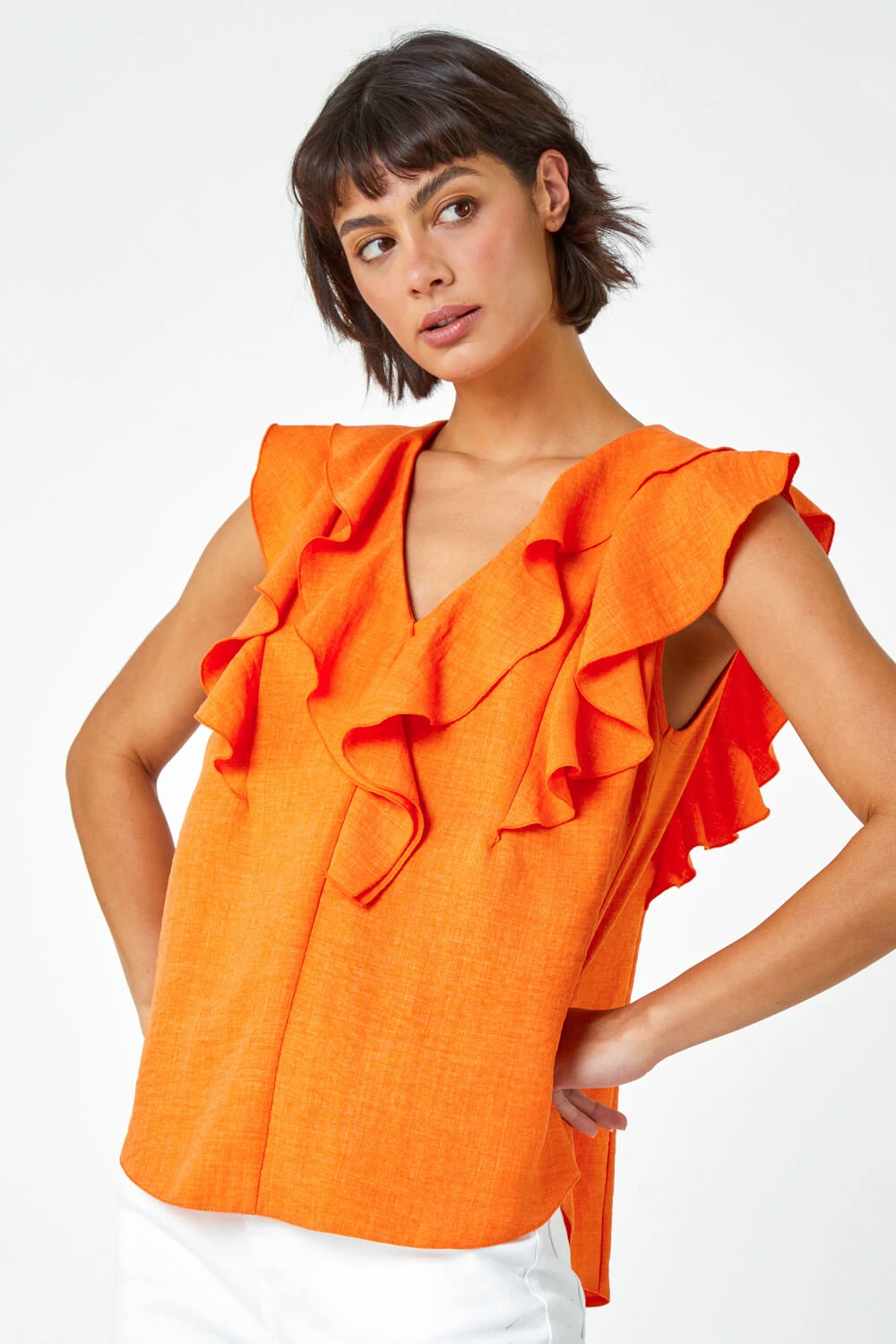 Orange Sleeveless Ruffle Detail Vest 4 Orange Sleeveless Ruffle Detail Vest - Image 2
