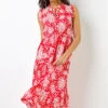 Red Ditsy Floral Print Frill Detail Maxi Dress