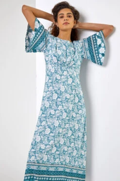 Light Blue Floral Border Print Midi Dress -Outlet Modi Qube Store dd746d94 ba5e 463e 9288 cf9d73797ec4