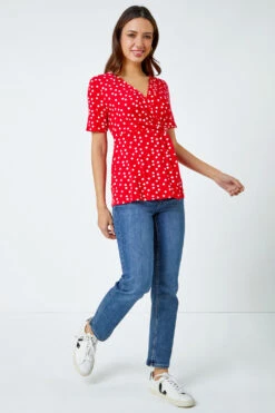 Red Spot Print Side Twist Wrap Top -Outlet Modi Qube Store ddb5b89a 380f 402a a9fa 184d3668553c