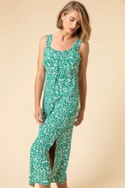 Green Ditsy Floral Button Through Dress