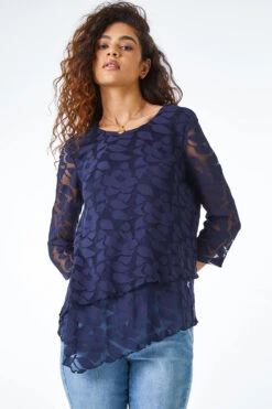 Navy Burnout Leaf Asymmetric Stretch Top