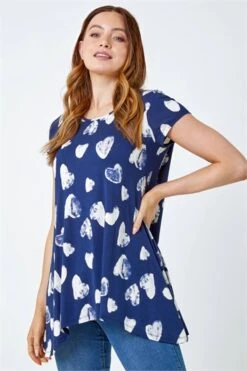 Blue Curve Floral Print Hanky Hem Top