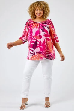Fuchsia Curve Tropical Leaf Print Frill Detail Bardot Top -Outlet Modi Qube Store e3135a46 c253 4478 a848 d55e30595ac4