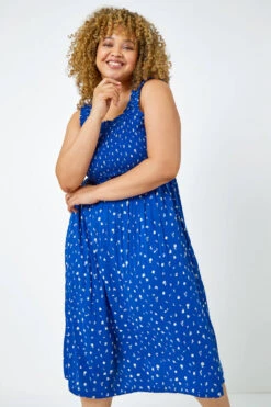 Blue Curve Shirred Frill Detail Midi Dress