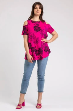 Fuchsia Curve Floral Print Cold Shoulder Jersey Top -Outlet Modi Qube Store e3a4579e 17b4 4d2d a7e6 1e27b3ba14b3