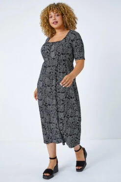 Black Curve Floral Print Midi Dress