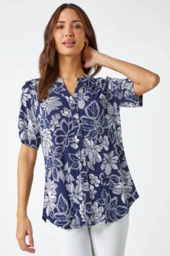 Navy Textured Floral Print Blouse