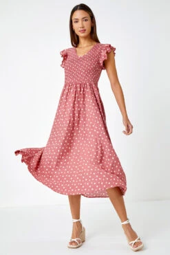 Pink Frill Sleeve Spot Shirred Midi Dress -Outlet Modi Qube Store e6199316 a753 45bb 9111 17743d4e9476