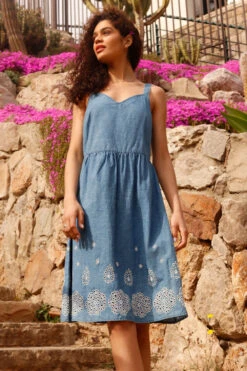 Denim Sleeveless Cotton Embroidered Midi Dress