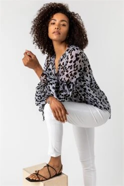 Ivory Shirred Animal Print Bardot Top