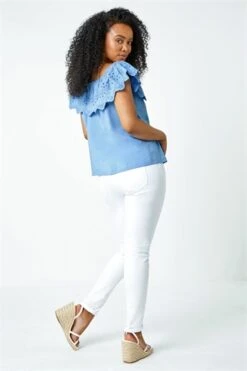Blue Petite Denim Bardot Stretch Top