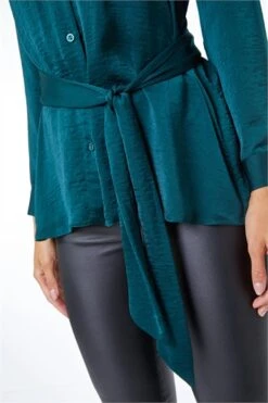Green Satin Ruffle Neck Blouse
