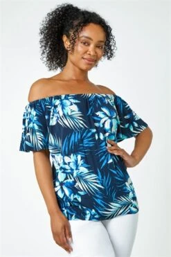 Blue Petite Embroidered Cotton Bardot Top