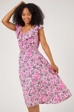 Pink Petite Floral Shirred Waist Dress