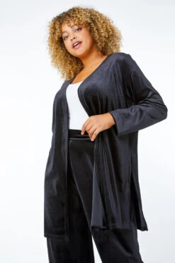Black Curve Velvet Longline Kimono Jacket