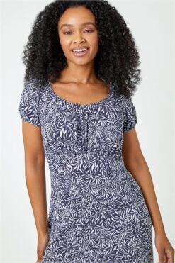 Blue Petite Floral Shirred Bardot Maxi Dress