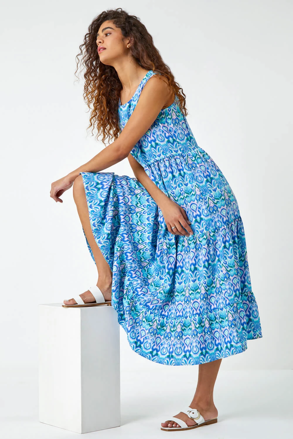 Aqua Sleeveless Aztec Print Smock Midi Dress 3 Aqua Sleeveless Aztec Print Smock Midi Dress