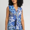 Blue Petite Geo Floral Notch Neck Top