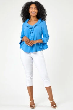 Blue Petite Flared Sleeve Frill Detail Blouse -Outlet Modi Qube Store eb0f04d3 abf2 49ac b3fe e53ade3b11e9