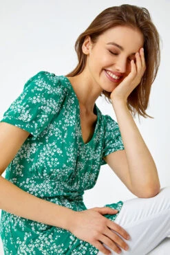 Green Ditsy Floral Print Stretch T-Shirt