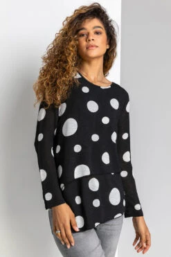 Black Spot Print Layered Asymmetric Tunic Top