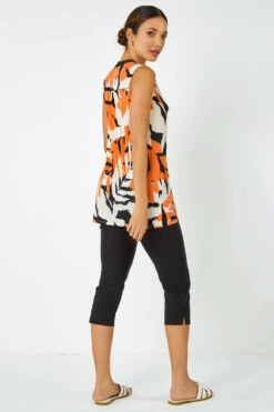 Orange Sleeveless Leaf Print Zip Top -Outlet Modi Qube Store f177e18d 6324 49a1 bec3 b0fe74a99922