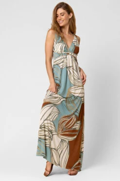 Blue Abstract Leaf Print V Neck Maxi Dress -Outlet Modi Qube Store f1e396c7 8f18 4301 bafb 5b0be2ba483a