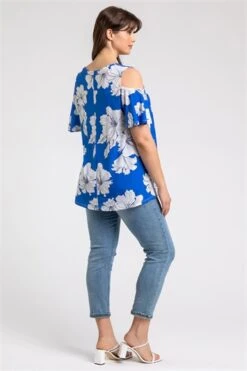 Blue Curve Abstract Cold Shoulder Top