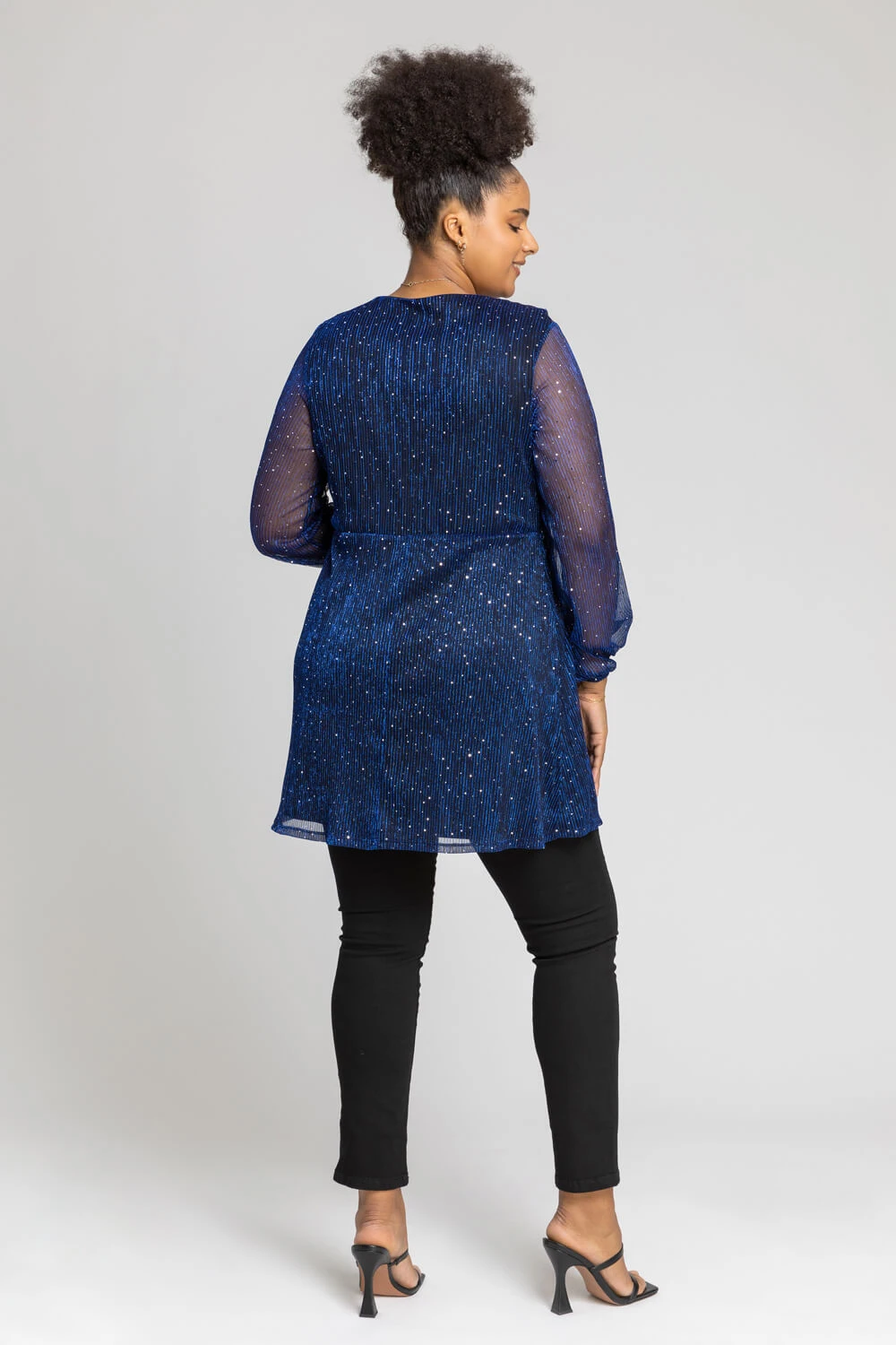 Royal Blue Curve Metallic Plisse Frill Neck Tunic Top 4 Royal Blue Curve Metallic Plisse Frill Neck Tunic Top - Image 2