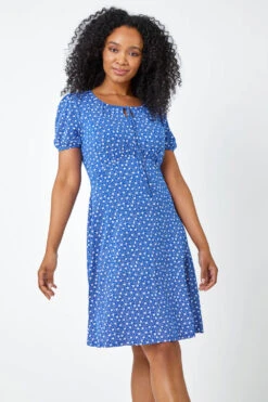 Royal Blue Petite Ditsy Floral Tie Neck Dress