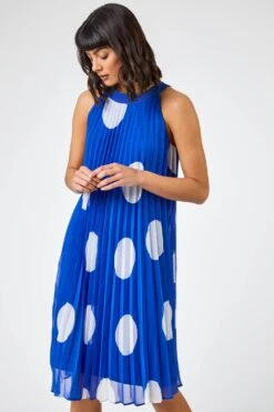 Royal Blue High Neck Spot Pleated Swing Dress