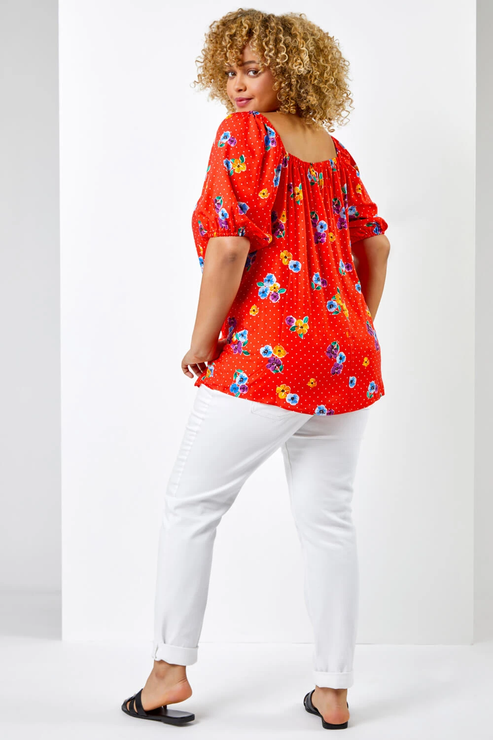 Red Curve Spot Floral Print Sweetheart Neck Top 4 Red Curve Spot Floral Print Sweetheart Neck Top - Image 2