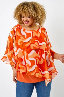 Orange Curve Retro Swirl Chiffon Overlay Top