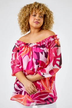 Fuchsia Curve Tropical Leaf Print Frill Detail Bardot Top
