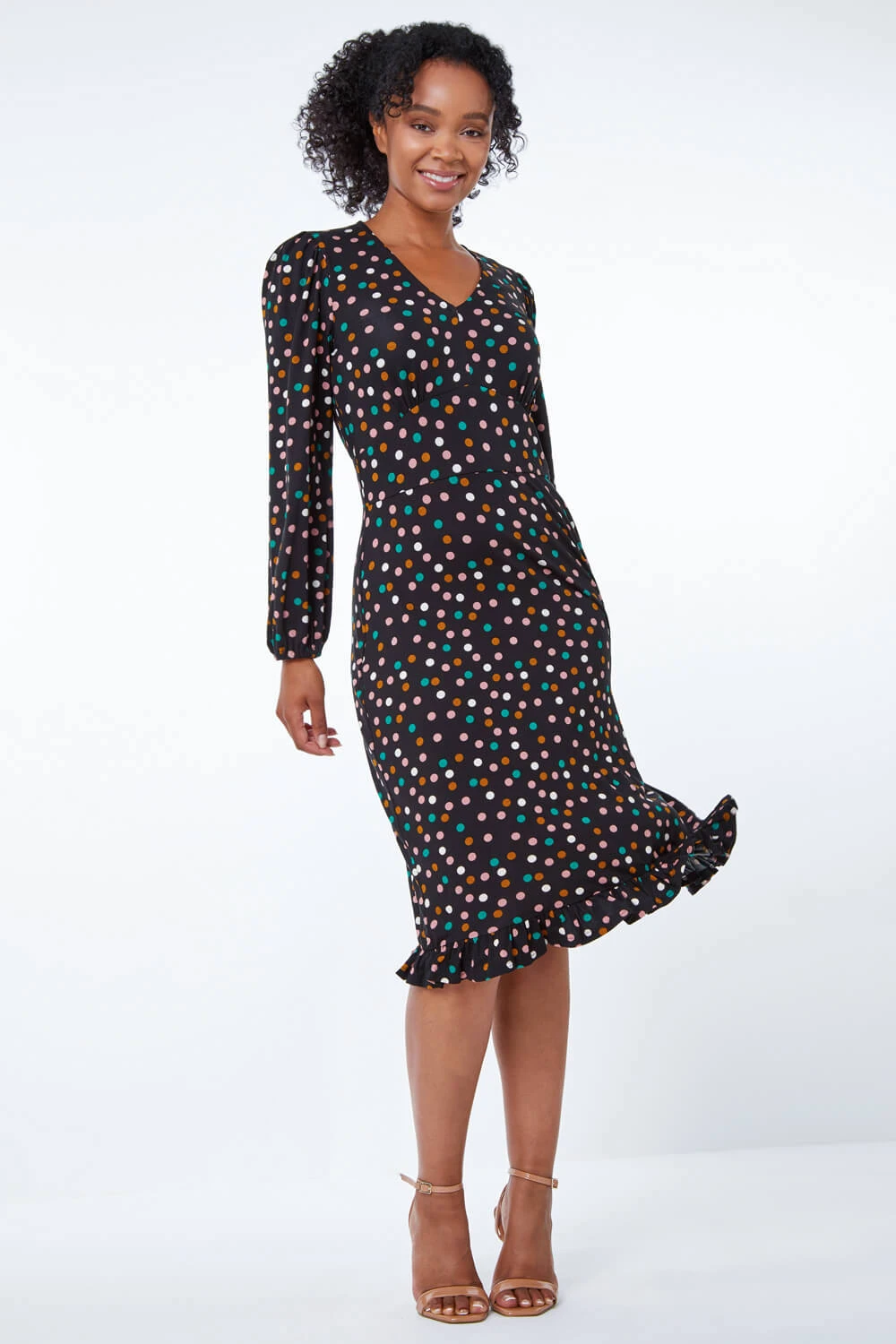 Black Petite Spot Print Frill Hem Dress 4 Black Petite Spot Print Frill Hem Dress - Image 2