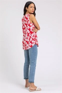 Red Floral Print Chiffon Overlay Top