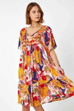 Yellow Tropical Print Frill Hem Smock Dress