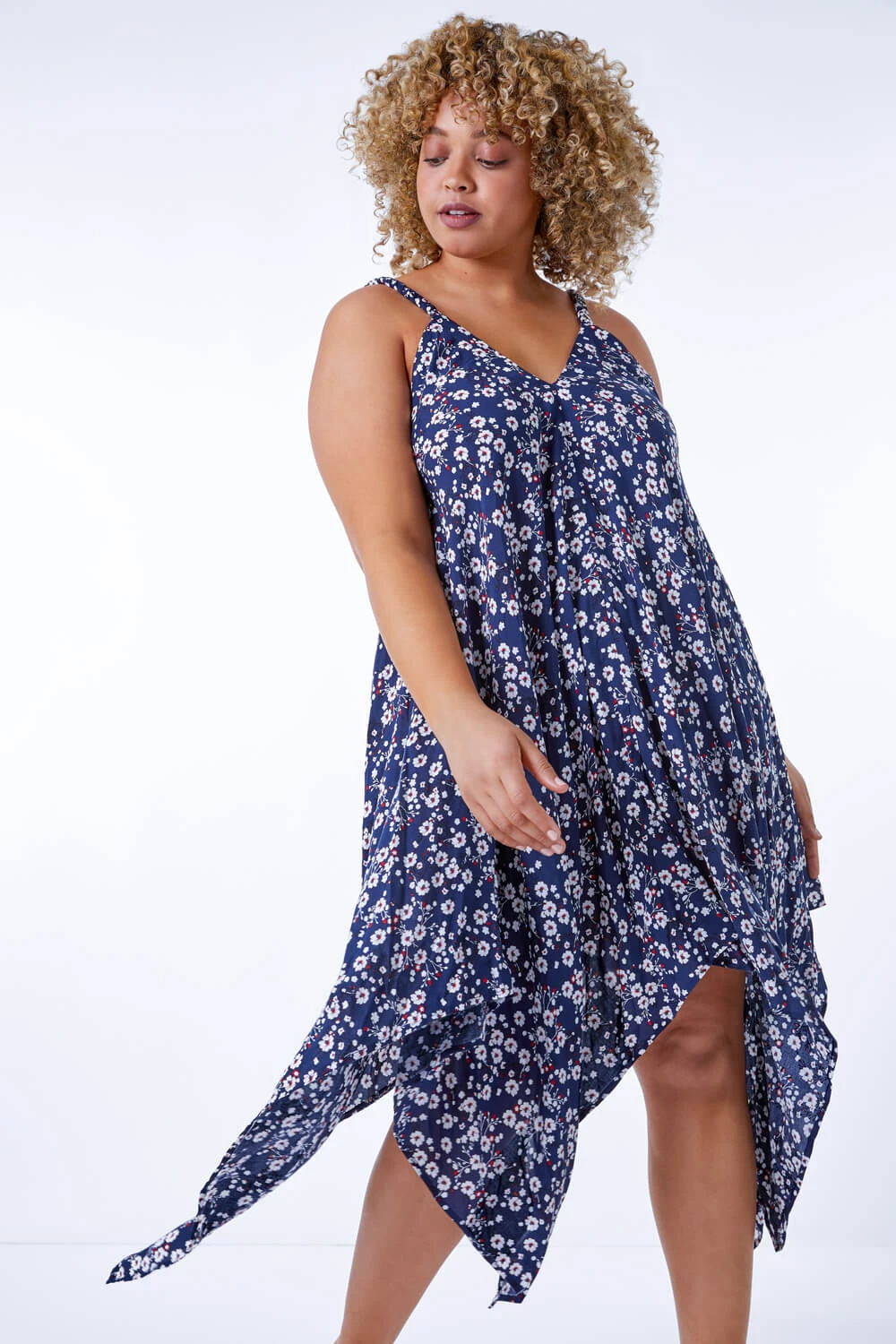 Navy Curve Ditsy Floral Hanky Hem Dress 4 Navy Curve Ditsy Floral Hanky Hem Dress - Image 2