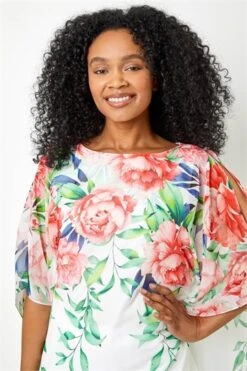 Red Petite Floral Print Chiffon Overlay Top