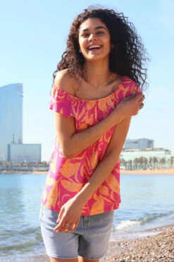 Pink Floral Frill Bardot Stretch Top