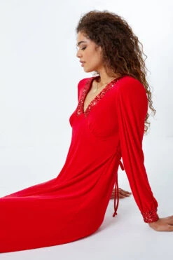 Red Sequin Trim Stretch Midi Dress