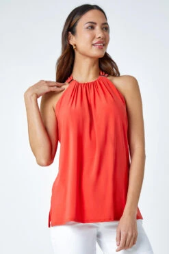 Coral Tie Back Halter Neck Trim Detail Stretch Top